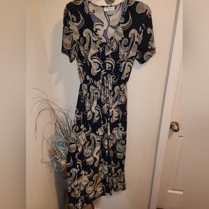 Ace Fashion 1x ruched bust navy and gold short sleeved dress